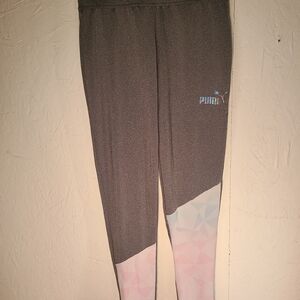 PUMA Girls Gray Pink Blue White Geometric Leggings Pants Size L (10/12)